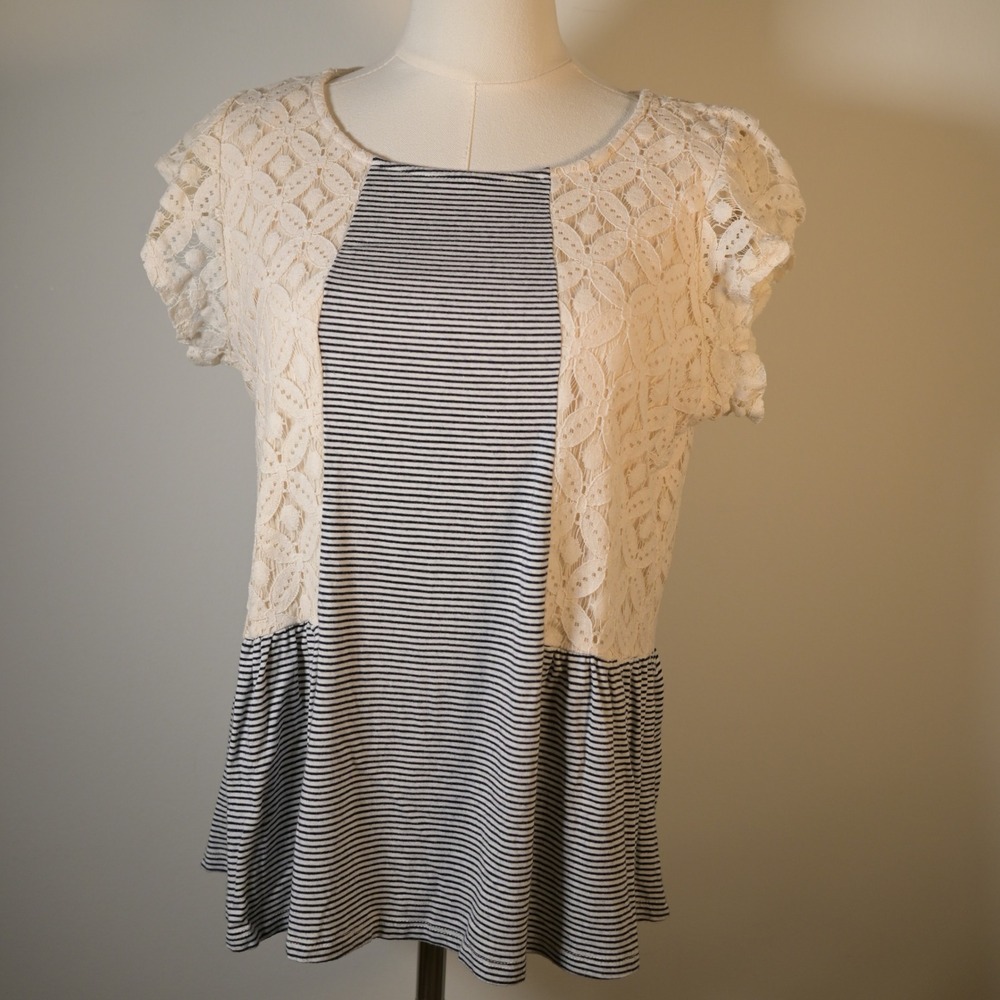 Cha Cha Vente Womens Medium Lace Stripe Top Navy Cream Boho Cottagecore Nautical